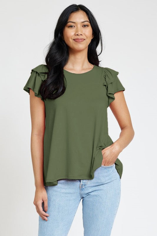 Spring Double Ruffle Sleeve Top olive 1X by EG fashion | Fleurcouture