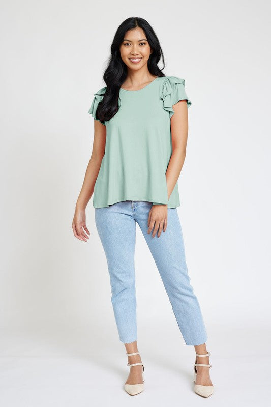 Spring Double Ruffle Sleeve Top sage 1X by EG fashion | Fleurcouture