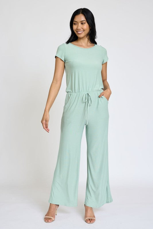 Spring Short Sleeve Jumpsuit W/Pocket sage S Jumpsuits by EG fashion | Fleurcouture