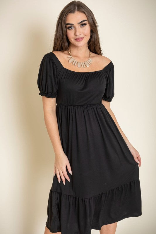 Square Neck Puff Sleeve Boho Dress Black S by EG fashion | Fleurcouture