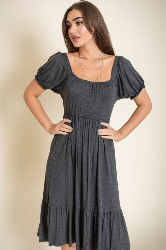 Square Neck Puff Sleeve Boho Dress Charcoal S by EG fashion | Fleurcouture