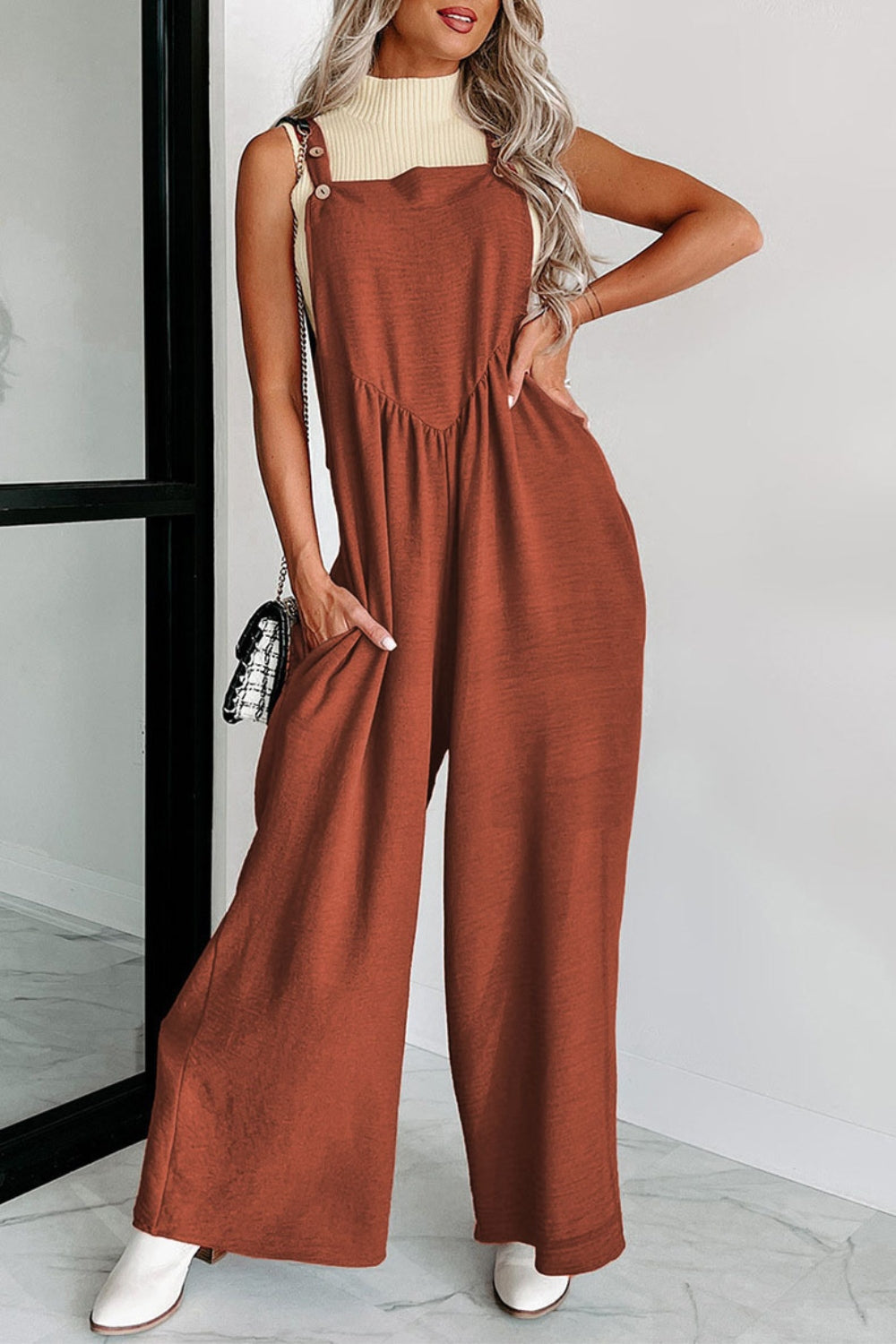 Square Neck Wide Strap Jumpsuit Brick Red S Jumpsuits by Trendsi | Fleurcouture