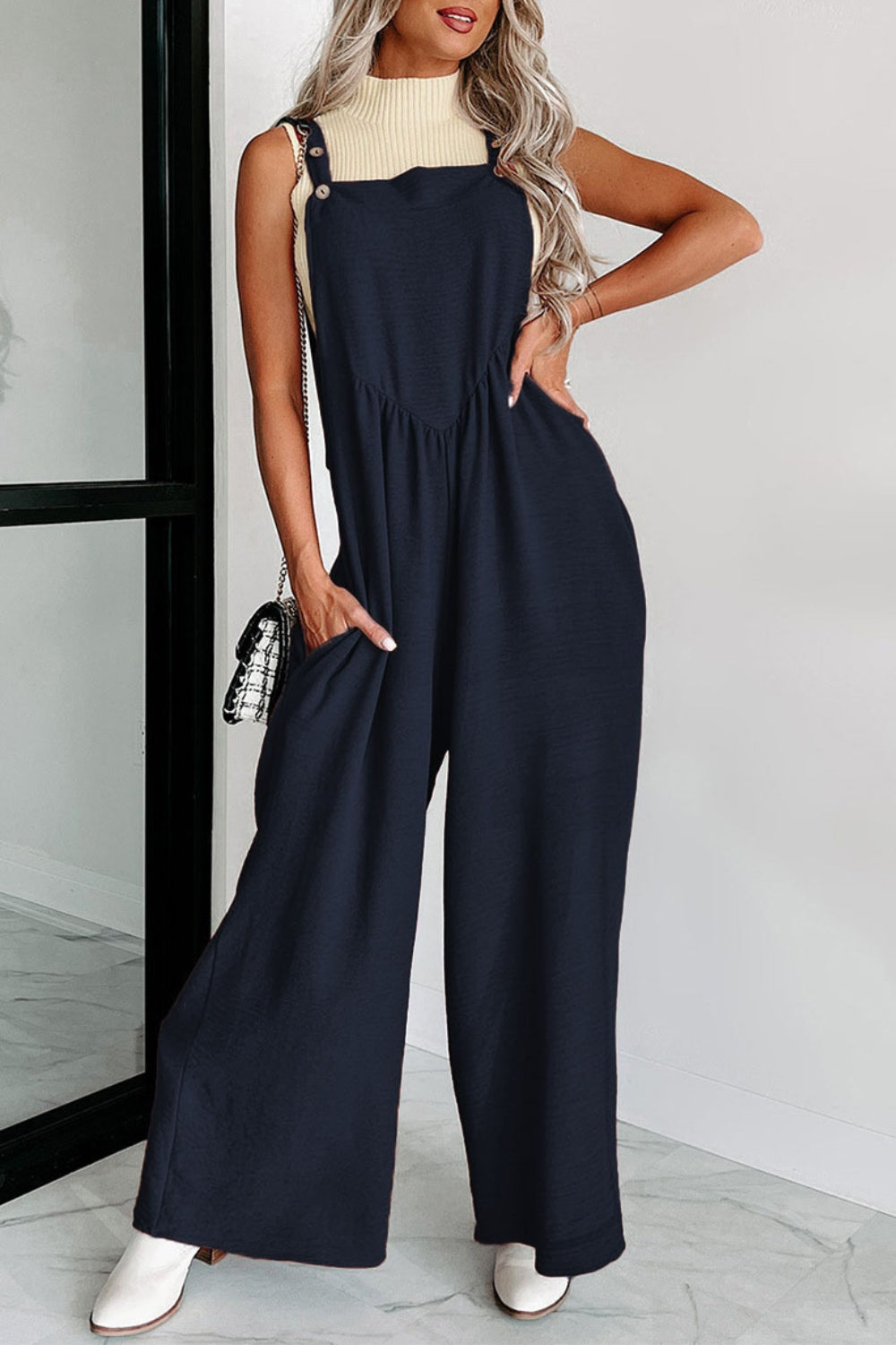 Square Neck Wide Strap Jumpsuit Navy S Jumpsuits by Trendsi | Fleurcouture