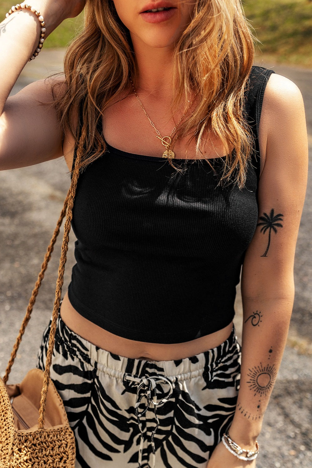 Square Neck Wide Strap Tank Black S Tops by Trendsi | Fleurcouture