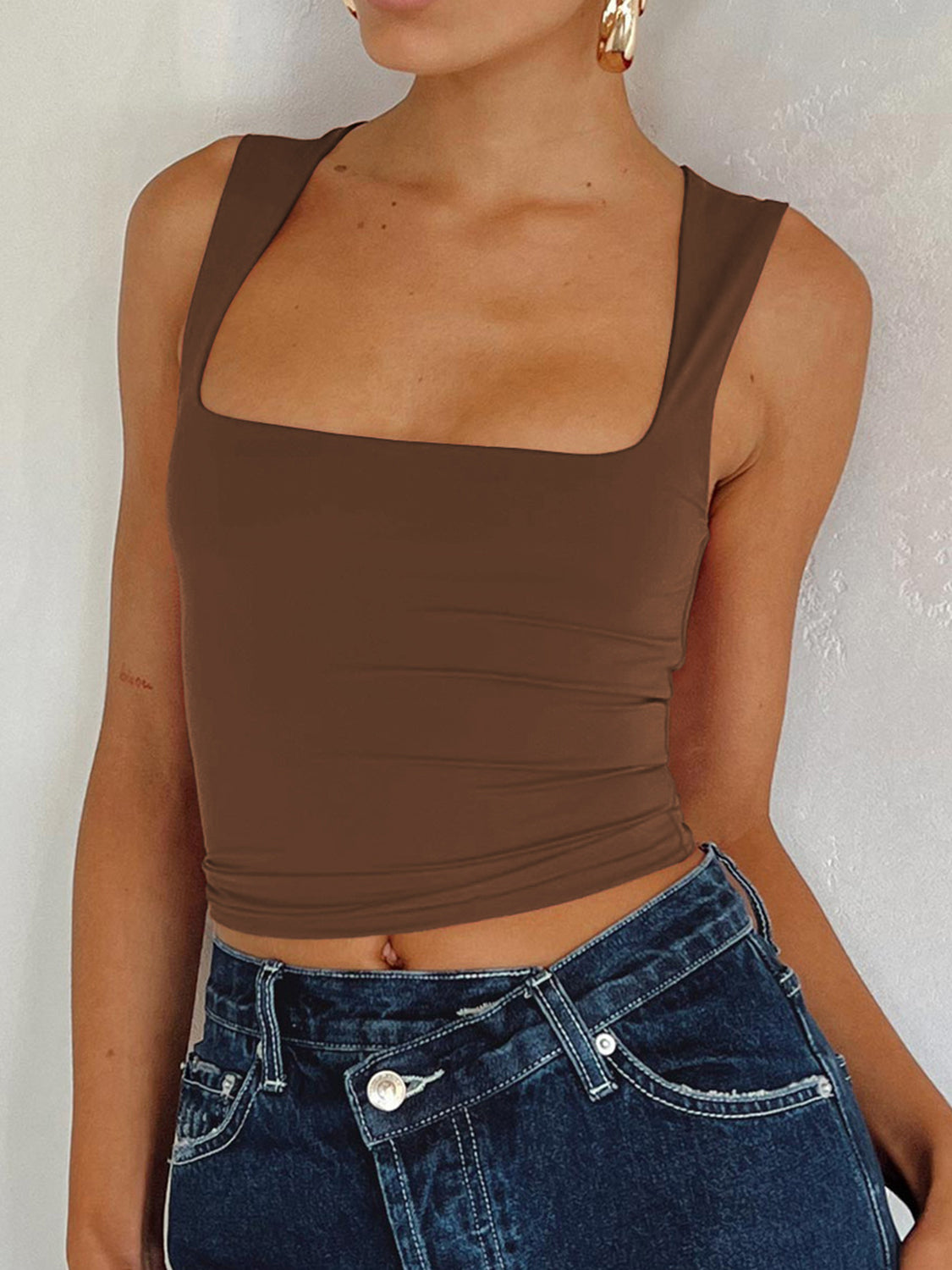 Square Neck Wide Strap Tank Chestnut XS Tops/Tank Tops by Trendsi | Fleurcouture
