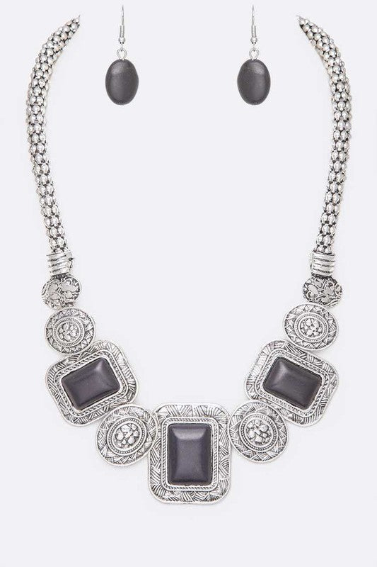 Square Stone Necklace Set Black O/S by LA Jewelry Plaza | Fleurcouture