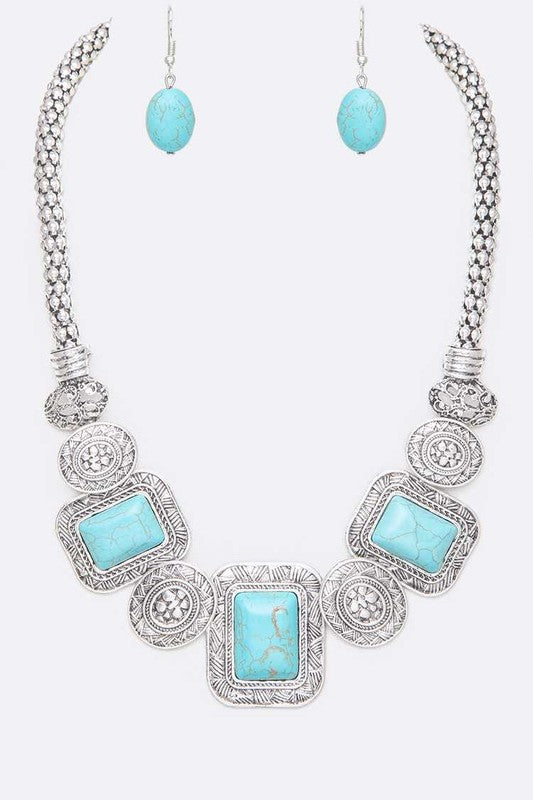 Square Stone Necklace Set Turquoise O/S by LA Jewelry Plaza | Fleurcouture