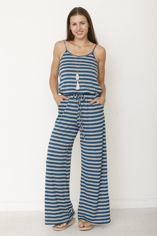 stripe jumpsuit teal S by EG fashion | Fleurcouture