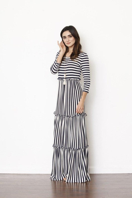 Stripe three tiered maxi dress Navy by EG fashion | Fleurcouture