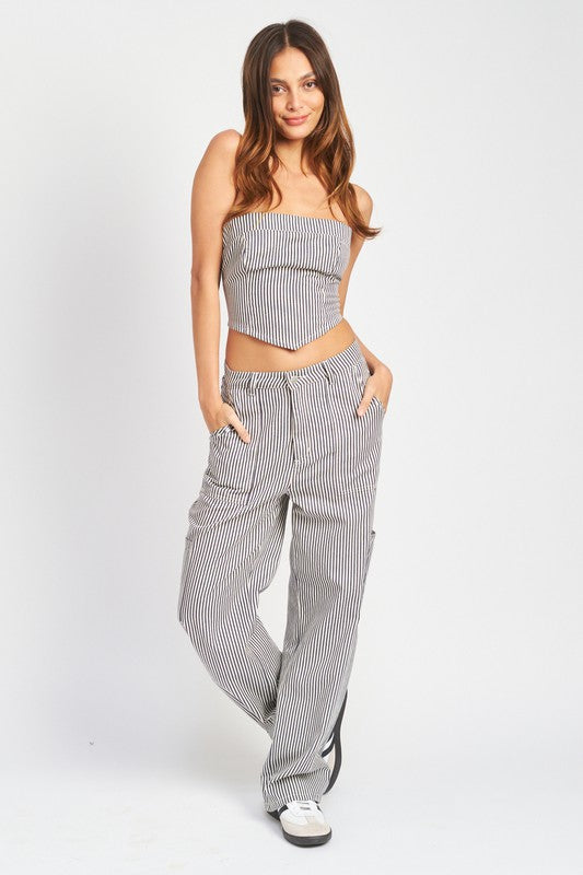 STRIPED BACK STRAP AND EYELET DETAIL TUBE TOP BLUE by Emory Park | Fleurcouture