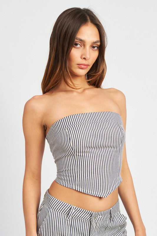 STRIPED BACK STRAP AND EYELET DETAIL TUBE TOP BLUE by Emory Park | Fleurcouture