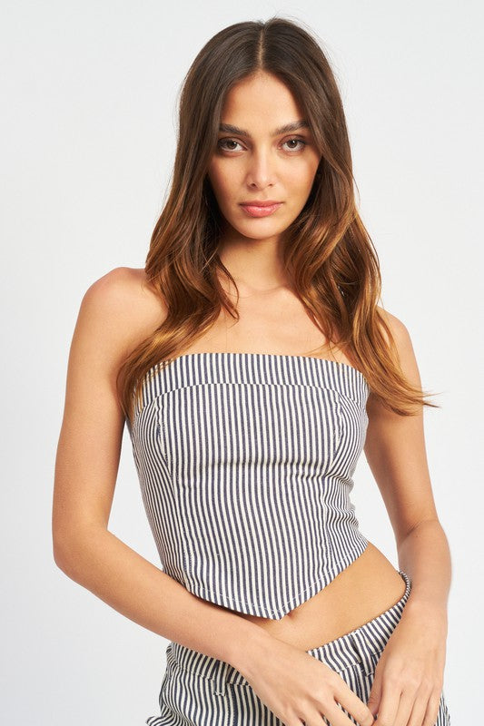 STRIPED BACK STRAP AND EYELET DETAIL TUBE TOP BLUE S by Emory Park | Fleurcouture