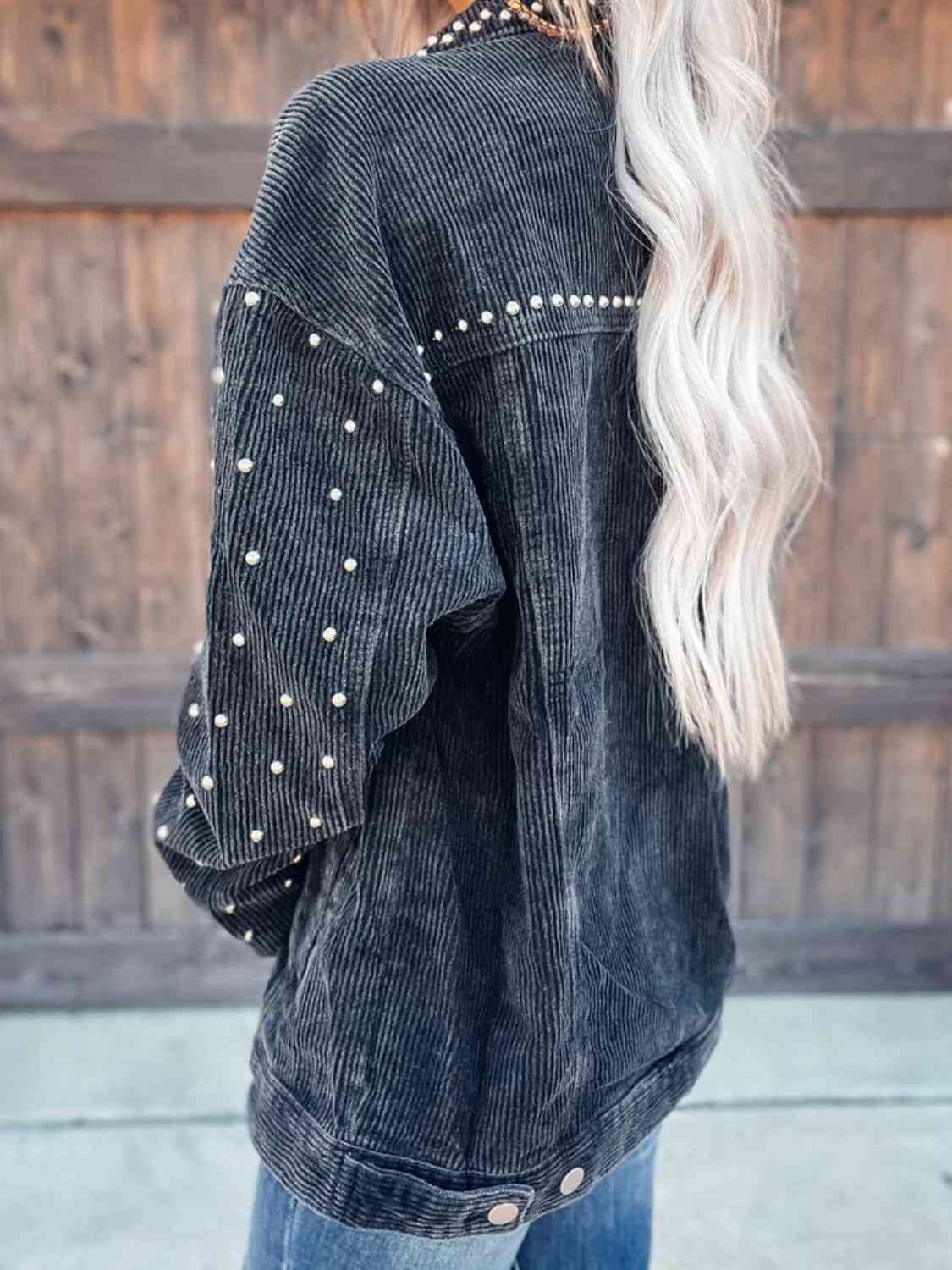 Studded Collared Neck Button Down Jacket by Trendsi | Fleurcouture