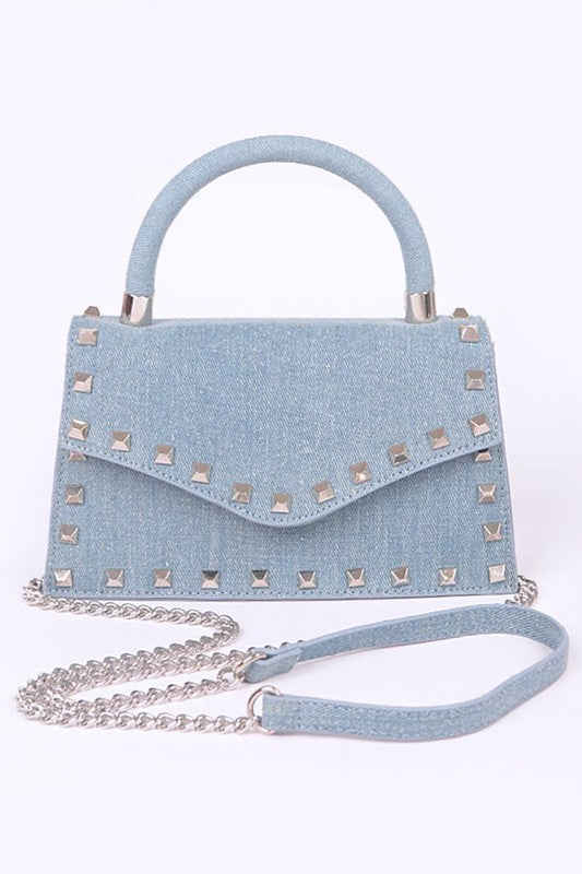 Studded Top Handle Denim Swing Bag Light Blue O/S by Artini Accessories | Fleurcouture