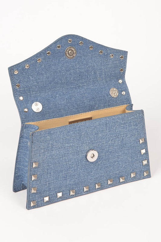 Studded Top Handle Denim Swing Bag O/S by Artini Accessories | Fleurcouture