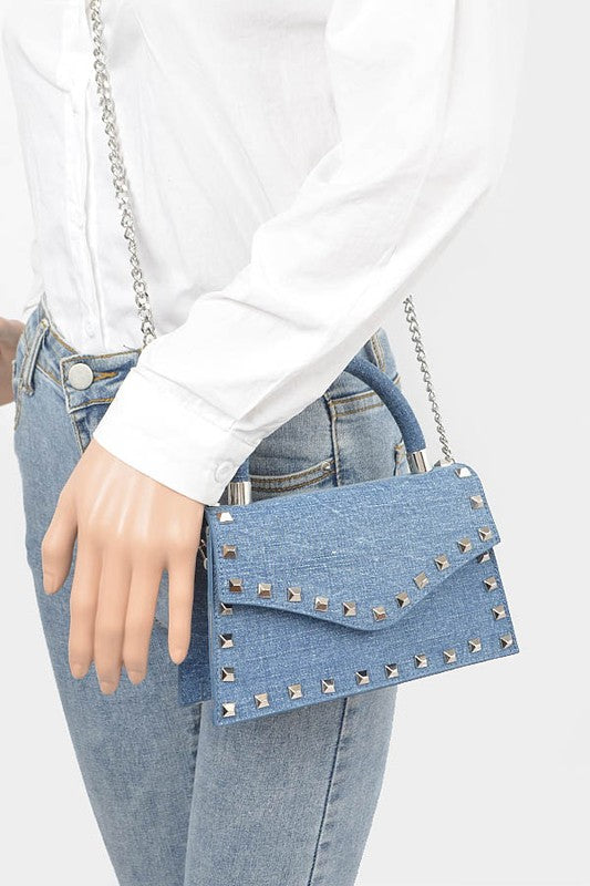 Studded Top Handle Denim Swing Bag O/S by Artini Accessories | Fleurcouture