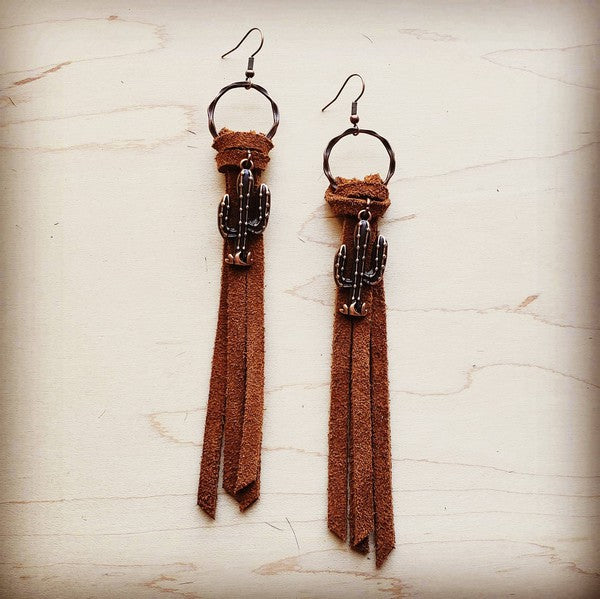 Suede Leather Tassel Earrings w/ Cactus Charm brown 1 by The Jewelry Junkie | Fleurcouture