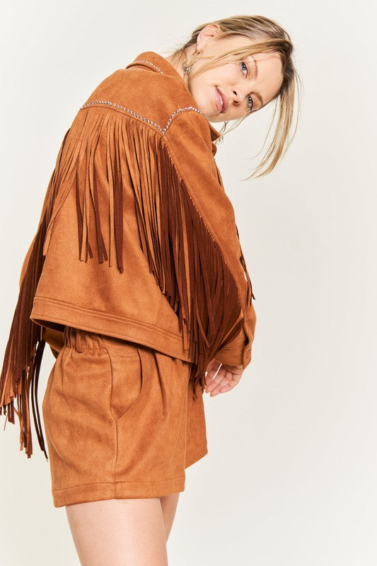 Suede studded fringe jacket JJO5009 CAMEL by Jade By Jane | Fleurcouture