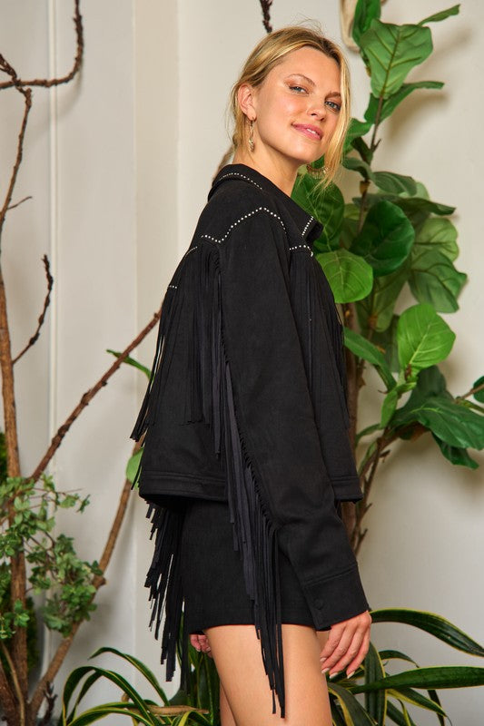 Suede studded fringe jacket JJO5009 CAMEL by Jade By Jane | Fleurcouture