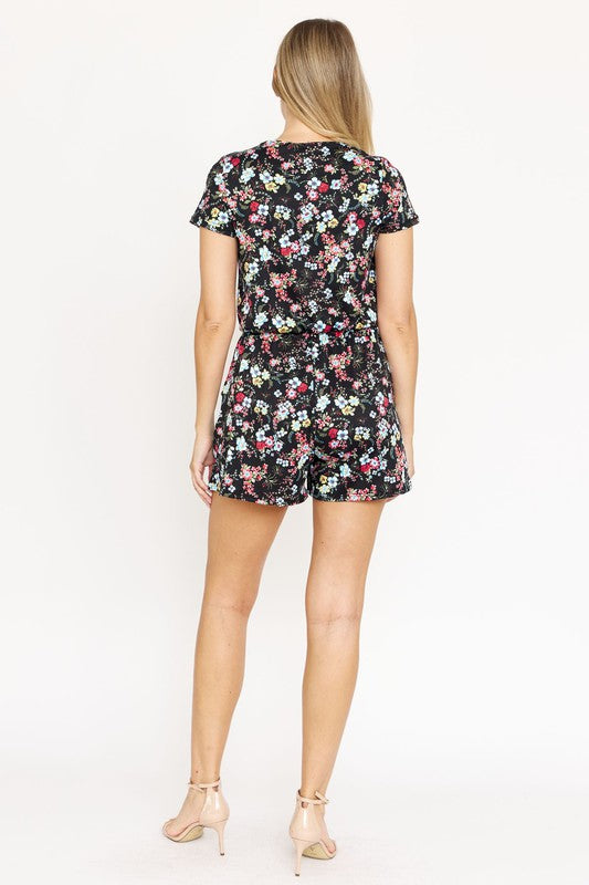 Surplice Drawstring Floral Romper Black by EG fashion | Fleurcouture
