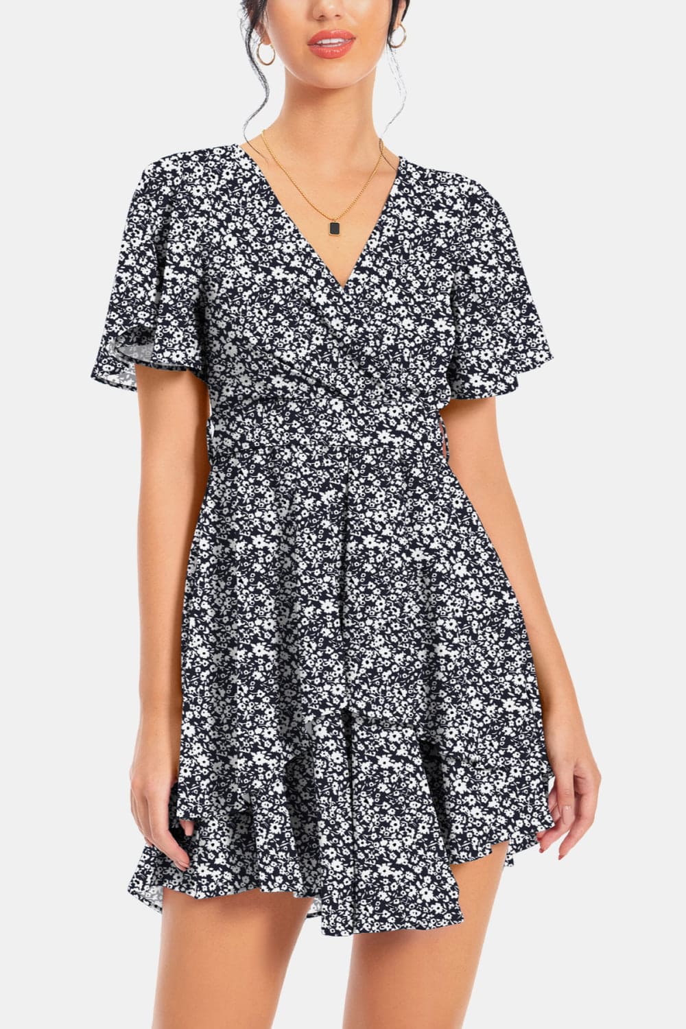 Surplice Neck Flutter Sleeve Dress Floral S by Trendsi | Fleurcouture