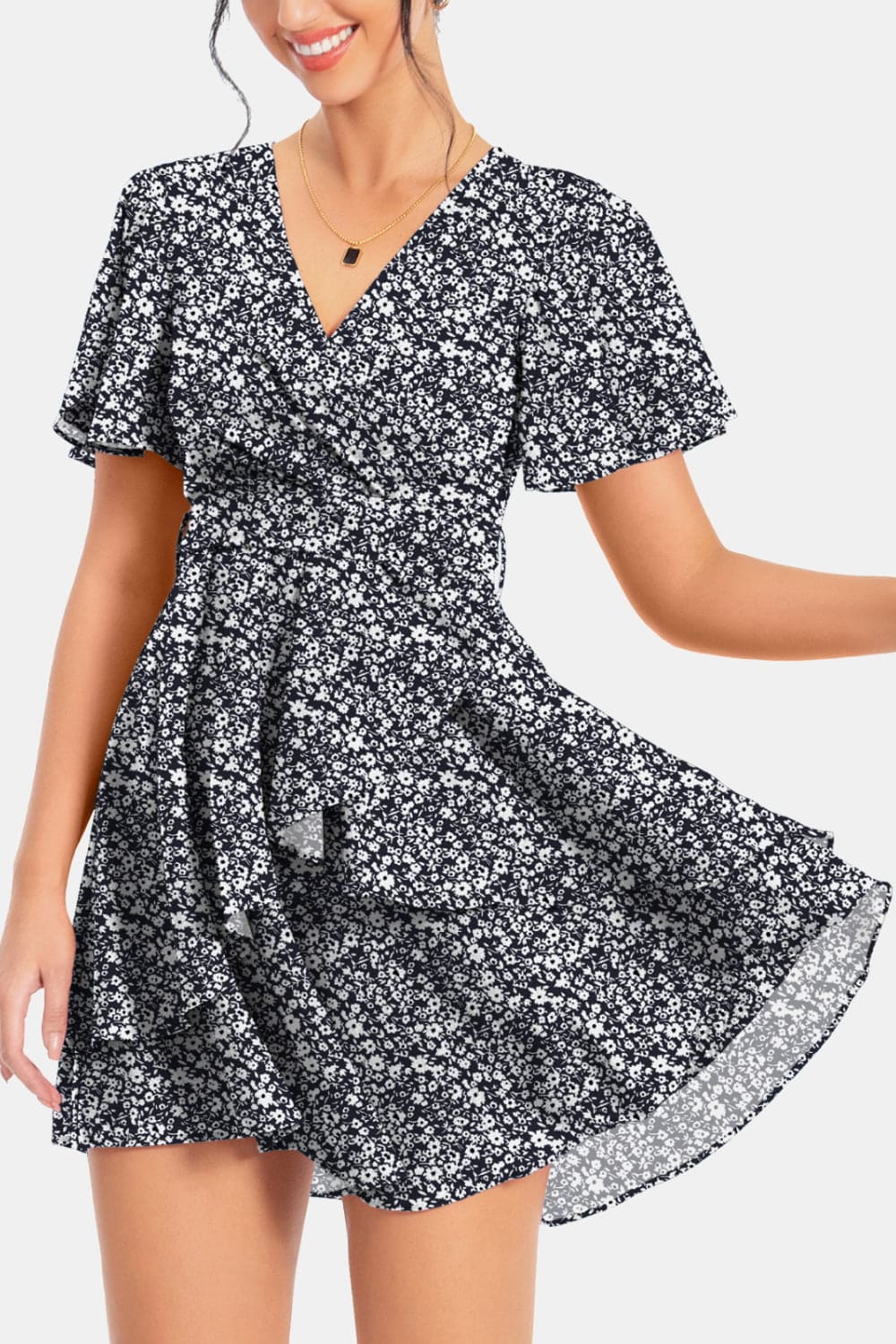 Surplice Neck Flutter Sleeve Dress by Trendsi | Fleurcouture