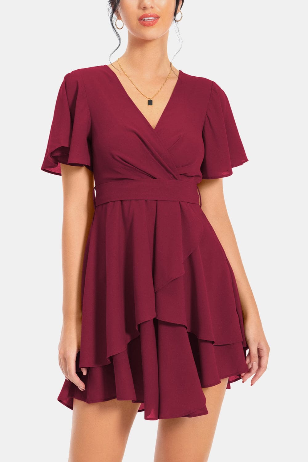 Surplice Neck Flutter Sleeve Dress Wine S by Trendsi | Fleurcouture