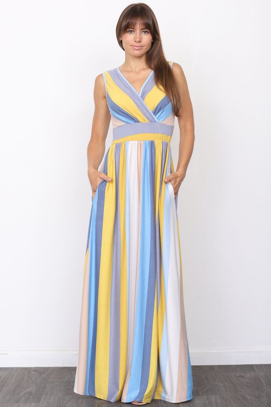 Surplice Stripe Maxi Dress Blue Yellow S by EG fashion | Fleurcouture