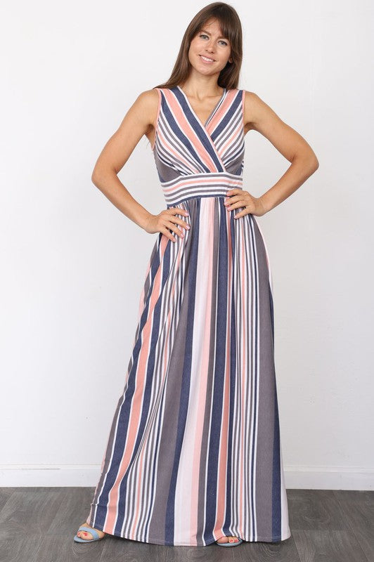 Surplice Stripe Maxi Dress Navy Charcoal M by EG fashion | Fleurcouture