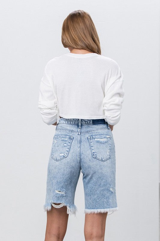 TAKE NO SLIT DISTRESSED DENIM BERMUDA SHORTS MEDIUM by Insane Gene | Fleurcouture