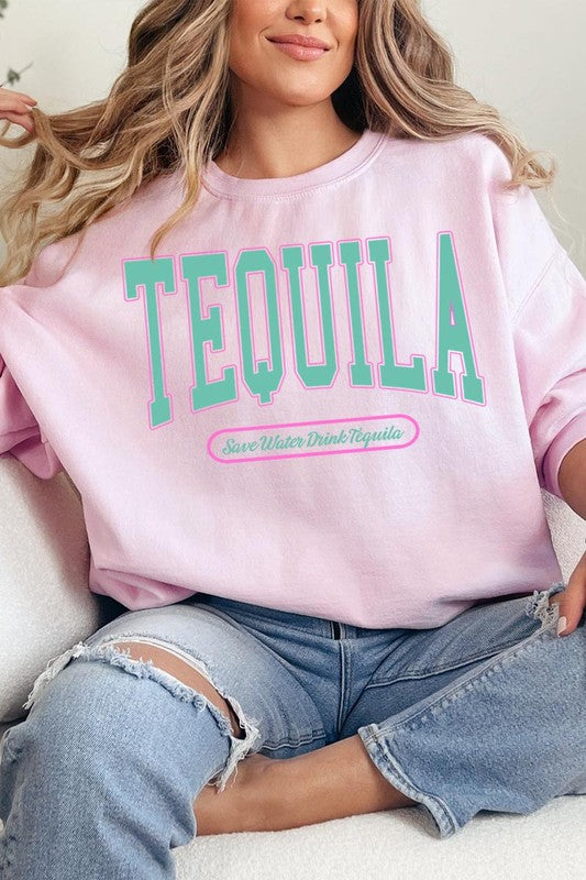 Tequila Drink Oversized Graphic Fleece Sweatshirts LIGHT PINK S by Color Bear | Fleurcouture