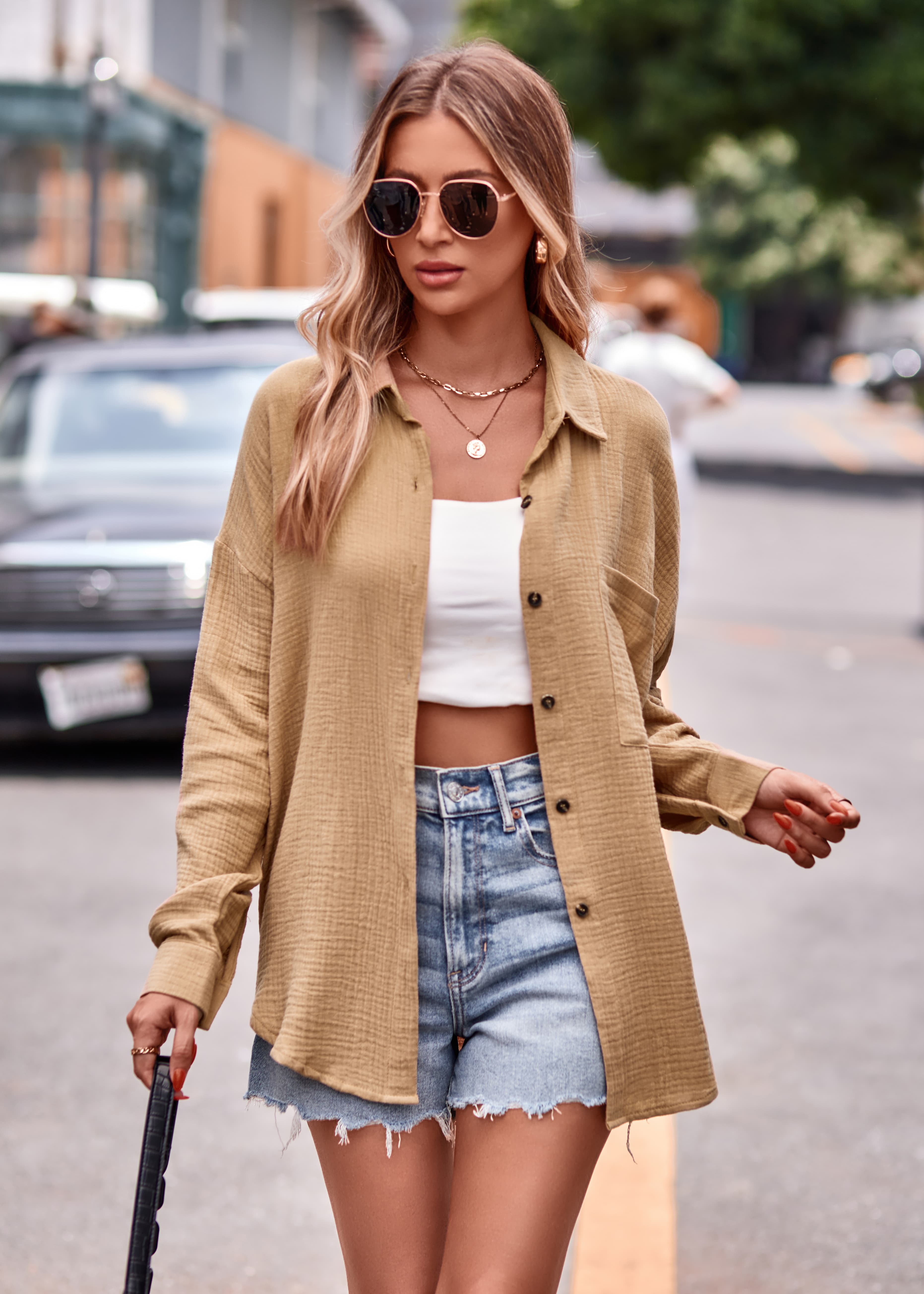 Textured Dropped Shoulder Longline Shirt by Trendsi | Fleurcouture