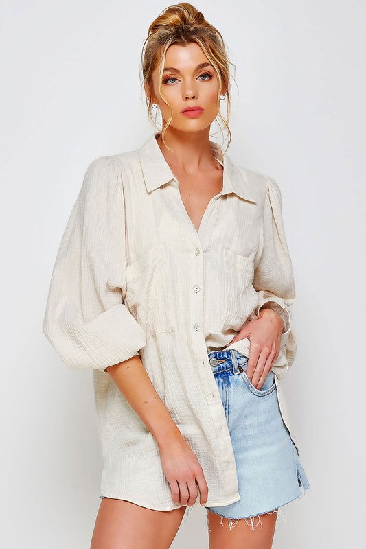 TEXTURED GAUZE BUTTON DOWN PUFF SLEEVES BLOUSE TOP Cream S by Sweet Generis | Fleurcouture