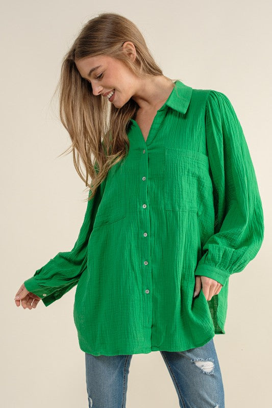 TEXTURED GAUZE BUTTON DOWN PUFF SLEEVES BLOUSE TOP Kelly Green S by Sweet Generis | Fleurcouture