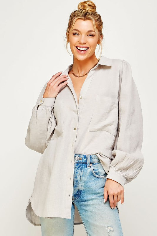 TEXTURED GAUZE BUTTON DOWN PUFF SLEEVES BLOUSE TOP Light Grey S by Sweet Generis | Fleurcouture