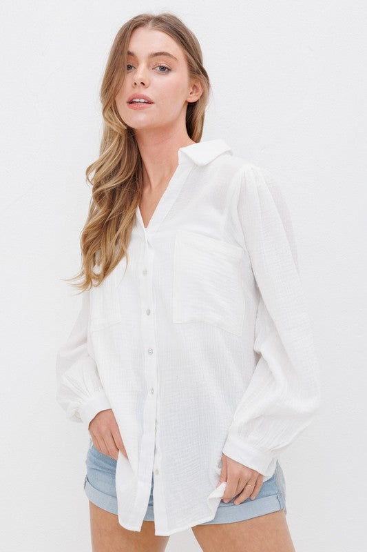 TEXTURED GAUZE BUTTON DOWN PUFF SLEEVES BLOUSE TOP Off White S by Sweet Generis | Fleurcouture