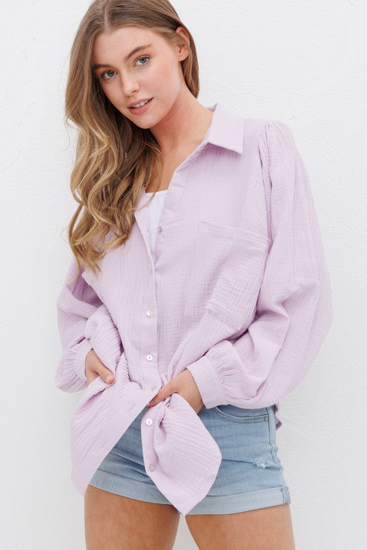 TEXTURED GAUZE BUTTON DOWN PUFF SLEEVES BLOUSE TOP Pale Rosette S by Sweet Generis | Fleurcouture