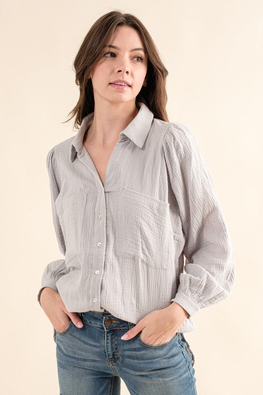 TEXTURED GAUZE BUTTON DOWN PUFF SLEEVES BLOUSE TOP Pearl Blue S by Sweet Generis | Fleurcouture