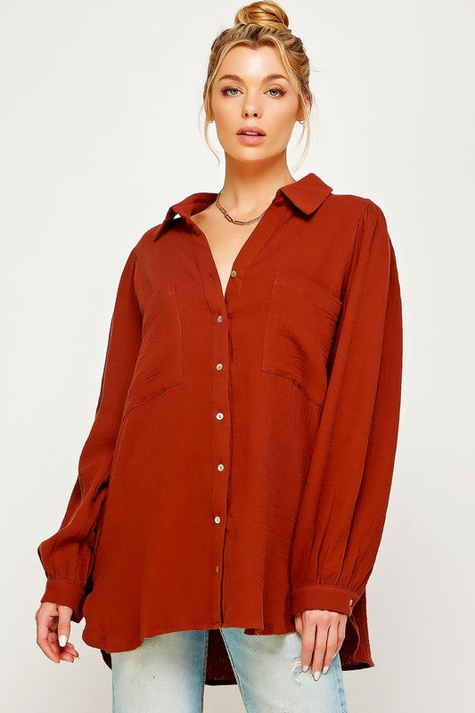 TEXTURED GAUZE BUTTON DOWN PUFF SLEEVES BLOUSE TOP Root Beer S by Sweet Generis | Fleurcouture