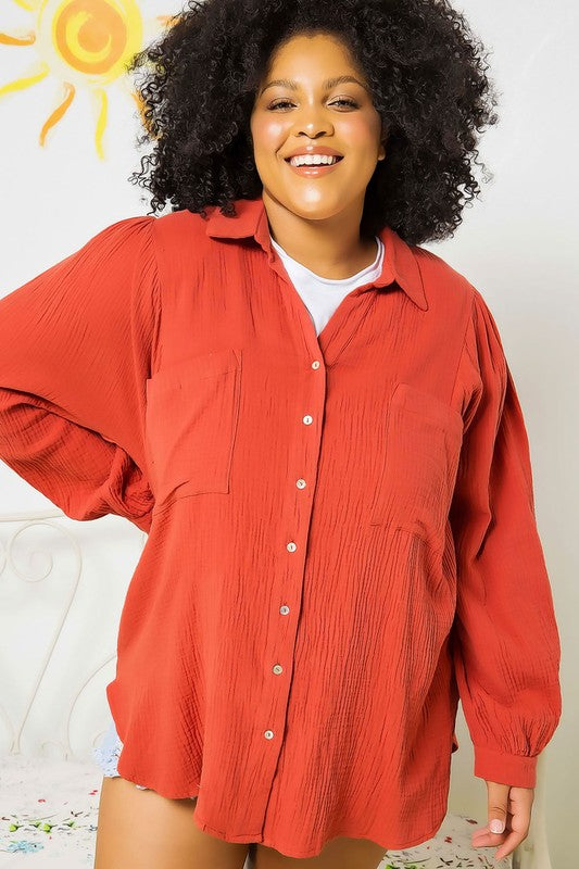 TEXTURED GAUZE BUTTON DOWN PUFF SLEEVES BLOUSE TOP Rust S by Sweet Generis | Fleurcouture