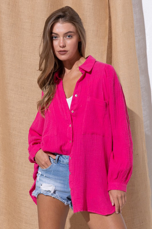 TEXTURED GAUZE BUTTON DOWN PUFF SLEEVES BLOUSE TOP by Sweet Generis | Fleurcouture