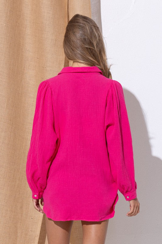 TEXTURED GAUZE BUTTON DOWN PUFF SLEEVES BLOUSE TOP by Sweet Generis | Fleurcouture