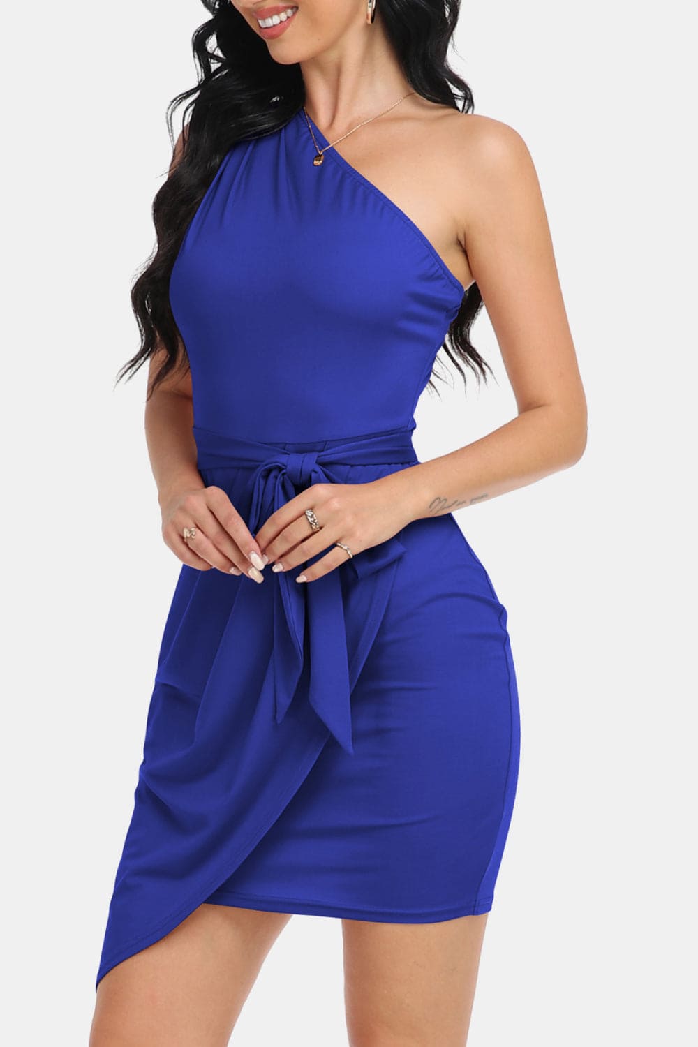 Tie Front One-Shoulder Sleeveless Dress by Trendsi | Fleurcouture