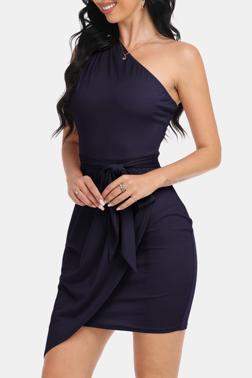 Tie Front One-Shoulder Sleeveless Dress by Trendsi | Fleurcouture