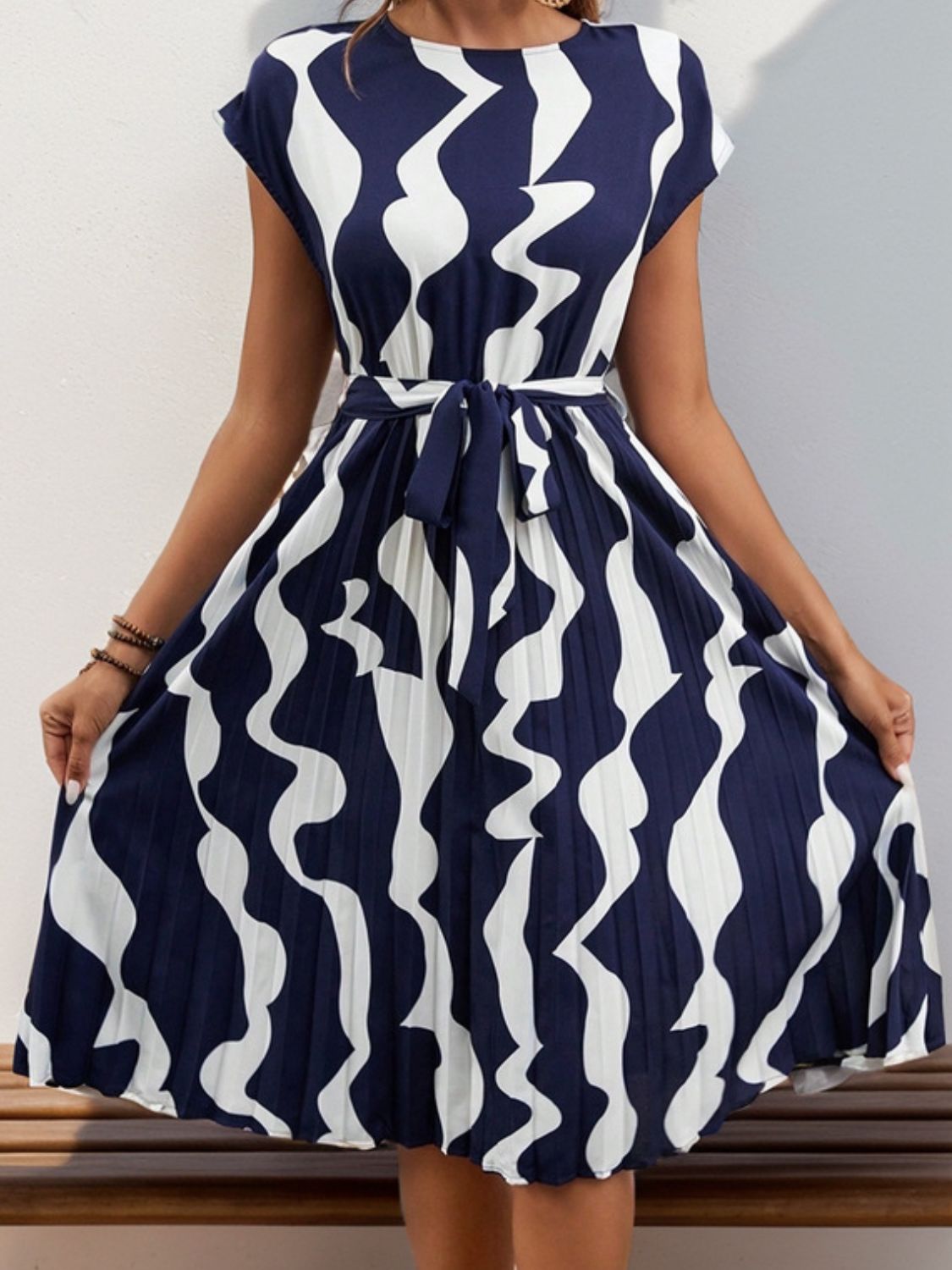 Tied Pleated Printed Cap Sleeve Dress Dark Blue S Women&