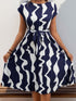 Tied Pleated Printed Cap Sleeve Dress Dark Blue S Women&