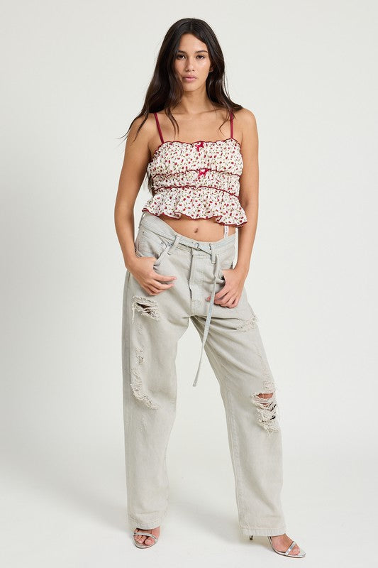 TIERED RUFFLE TOP IVORY-BURGUNDY by Emory Park | Fleurcouture