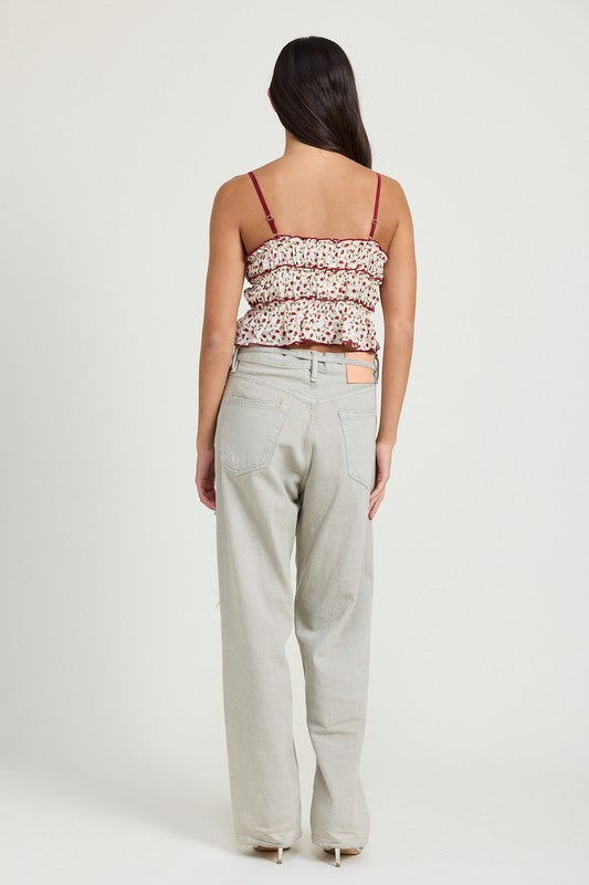 TIERED RUFFLE TOP IVORY-BURGUNDY by Emory Park | Fleurcouture