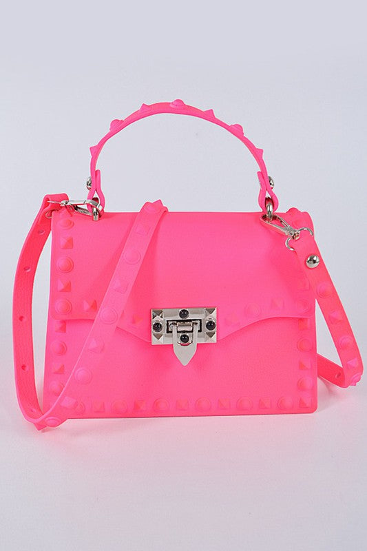 Tonal Studded Top Handle Swing Bag NEON PINK O/S by Artini Accessories | Fleurcouture