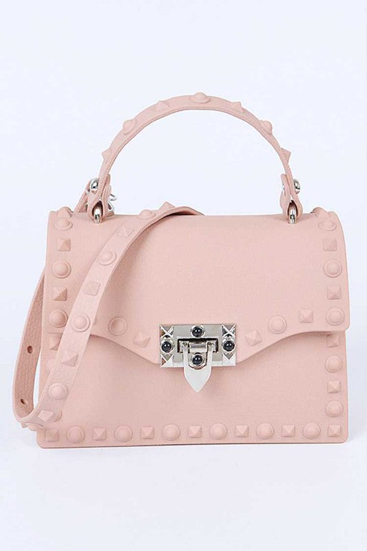 Tonal Studded Top Handle Swing Bag Pink O/S by Artini Accessories | Fleurcouture